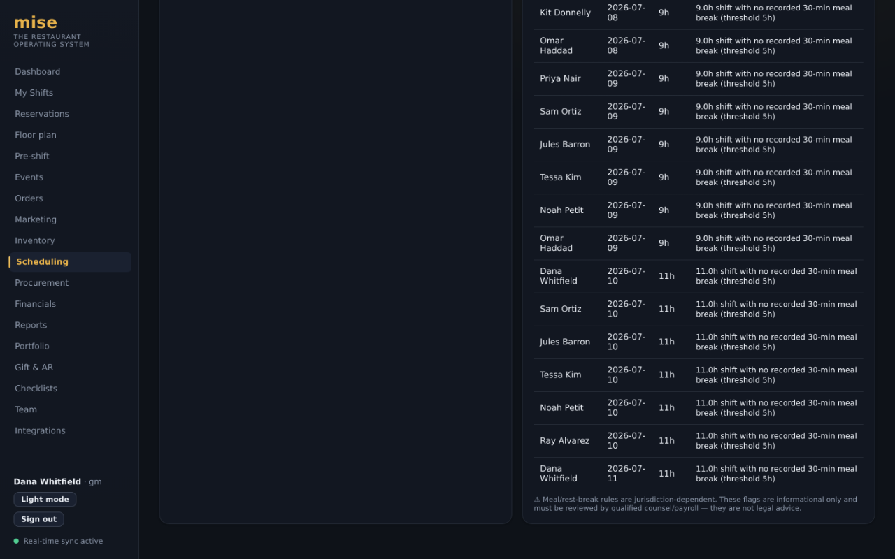 The Mise time clock showing break compliance and tip-pool distribution.