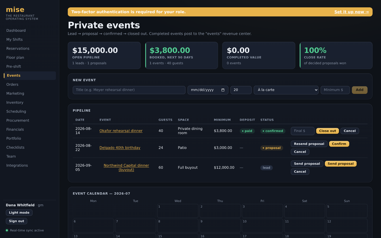 The Mise events pipeline and calendar, from inquiries through booked private events.