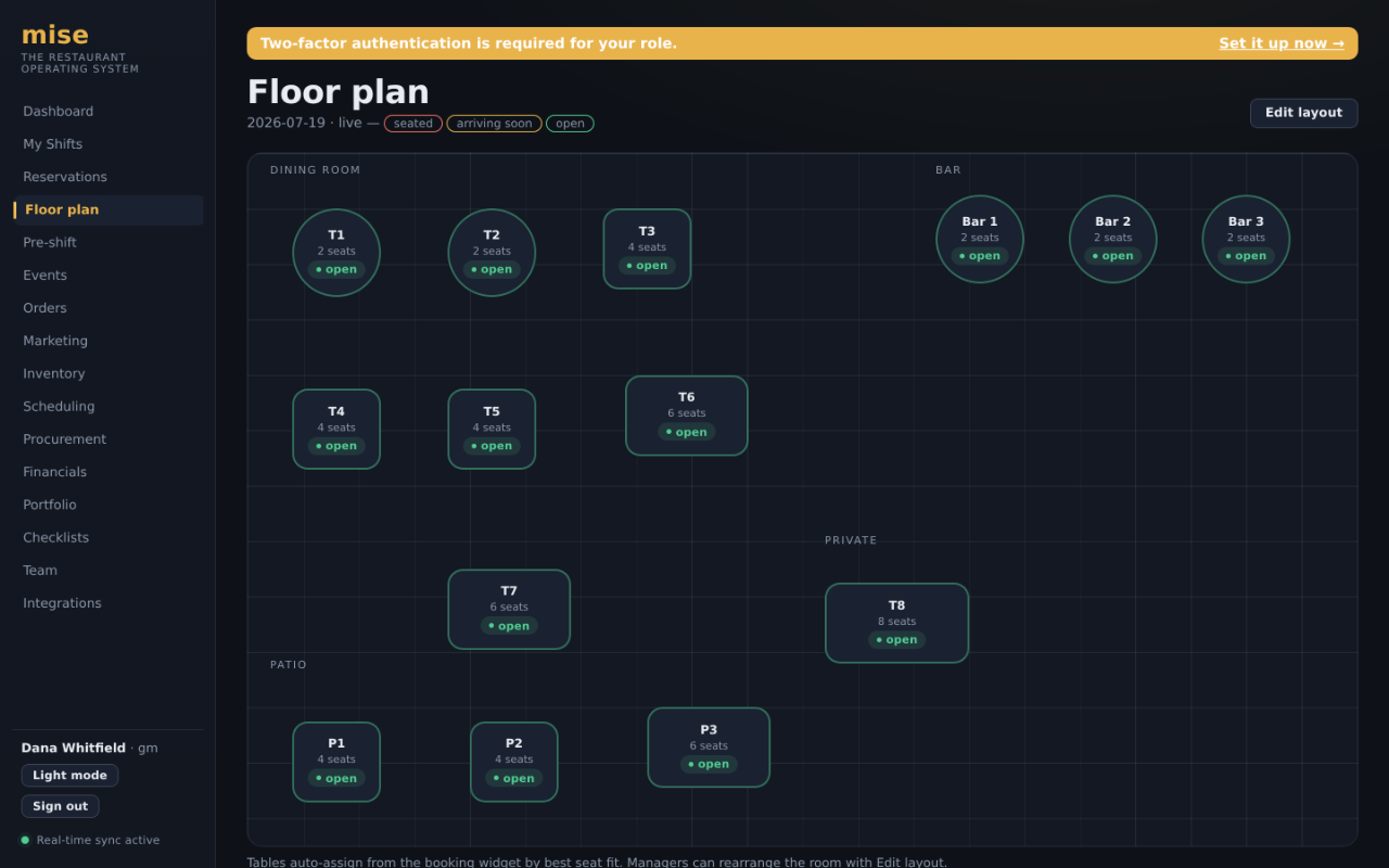 The Mise live floor plan showing table status across the dining room.