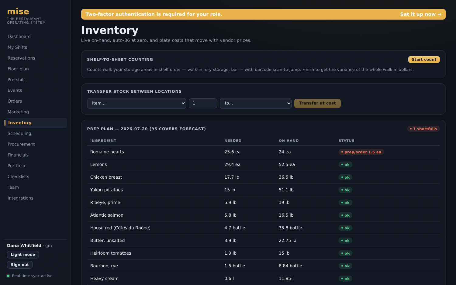 The Mise inventory screen with on-hand levels, par, reorder points and a prep plan.