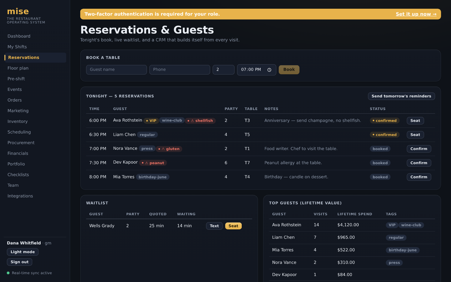 The Mise reservations book with a guest profile showing visit history, lifetime spend, allergies and VIP tags.